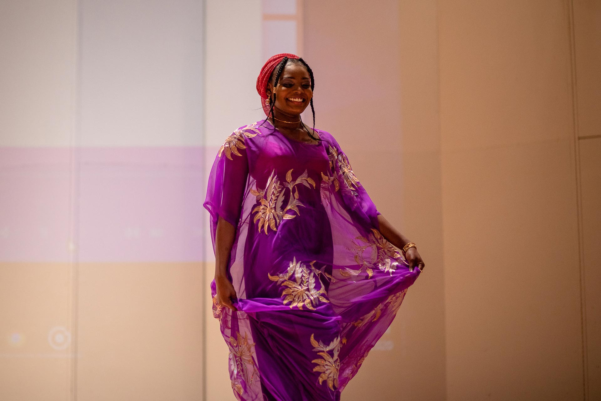 A Guilford student shows off a beautiful look during the African Fashion Show during Black History Month.