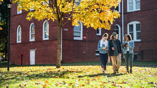 Students walk near the Quad under changing leaves in the fall.