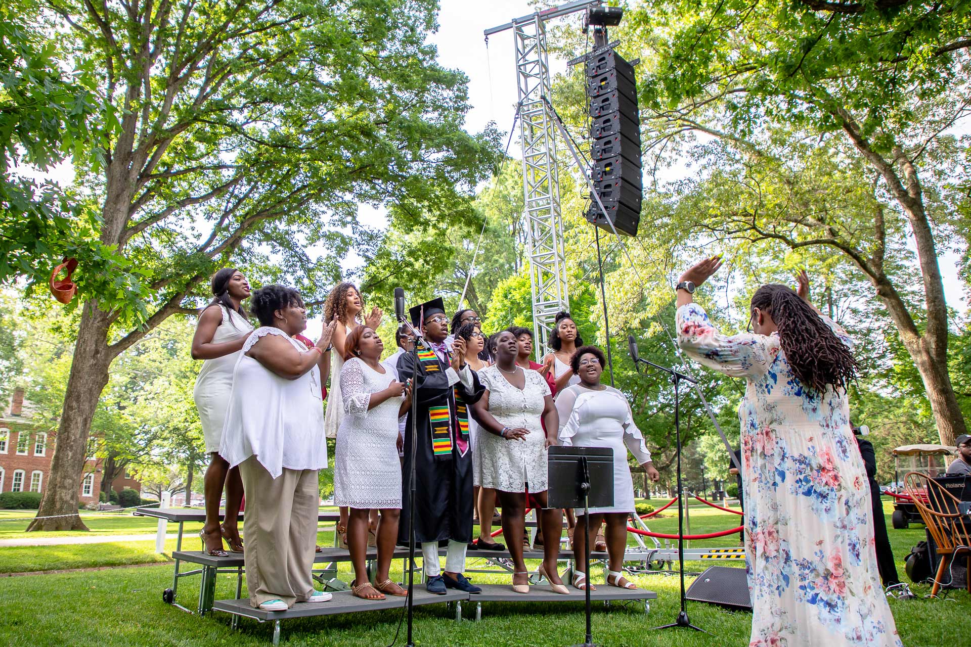 Voices of Victory, the College's gospel choir, performs at Commencement.