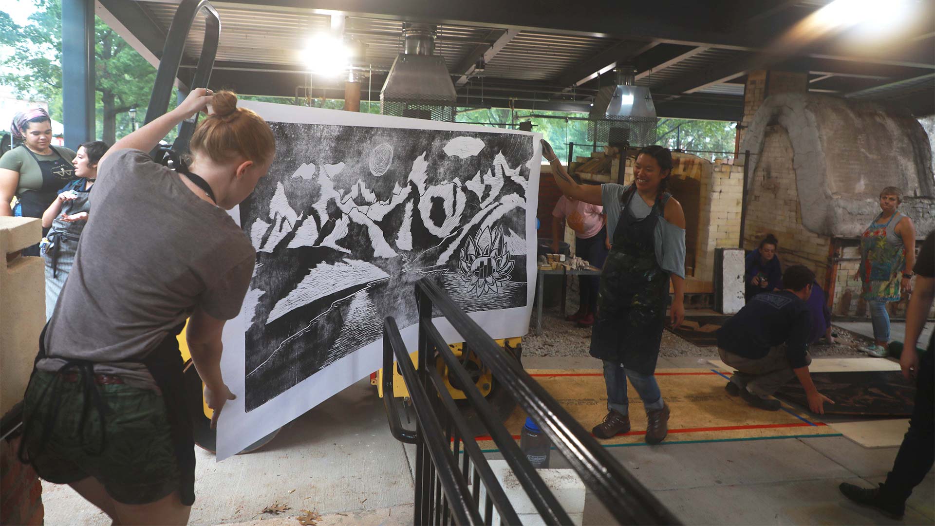 Large-scale printmaking takes place in the ceramics area.