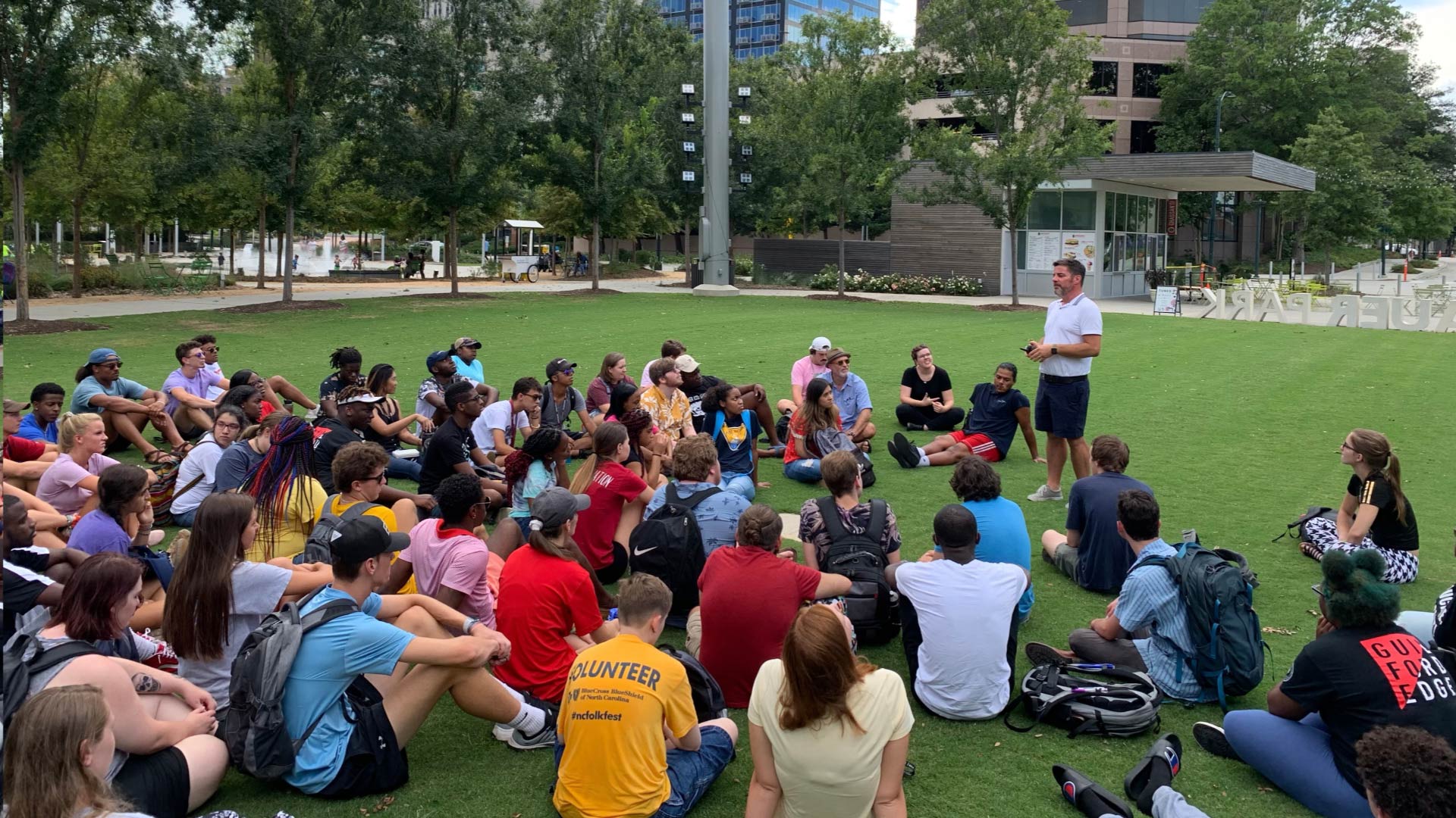 Students meet with alum Rob Overman in downtown Greensboro.