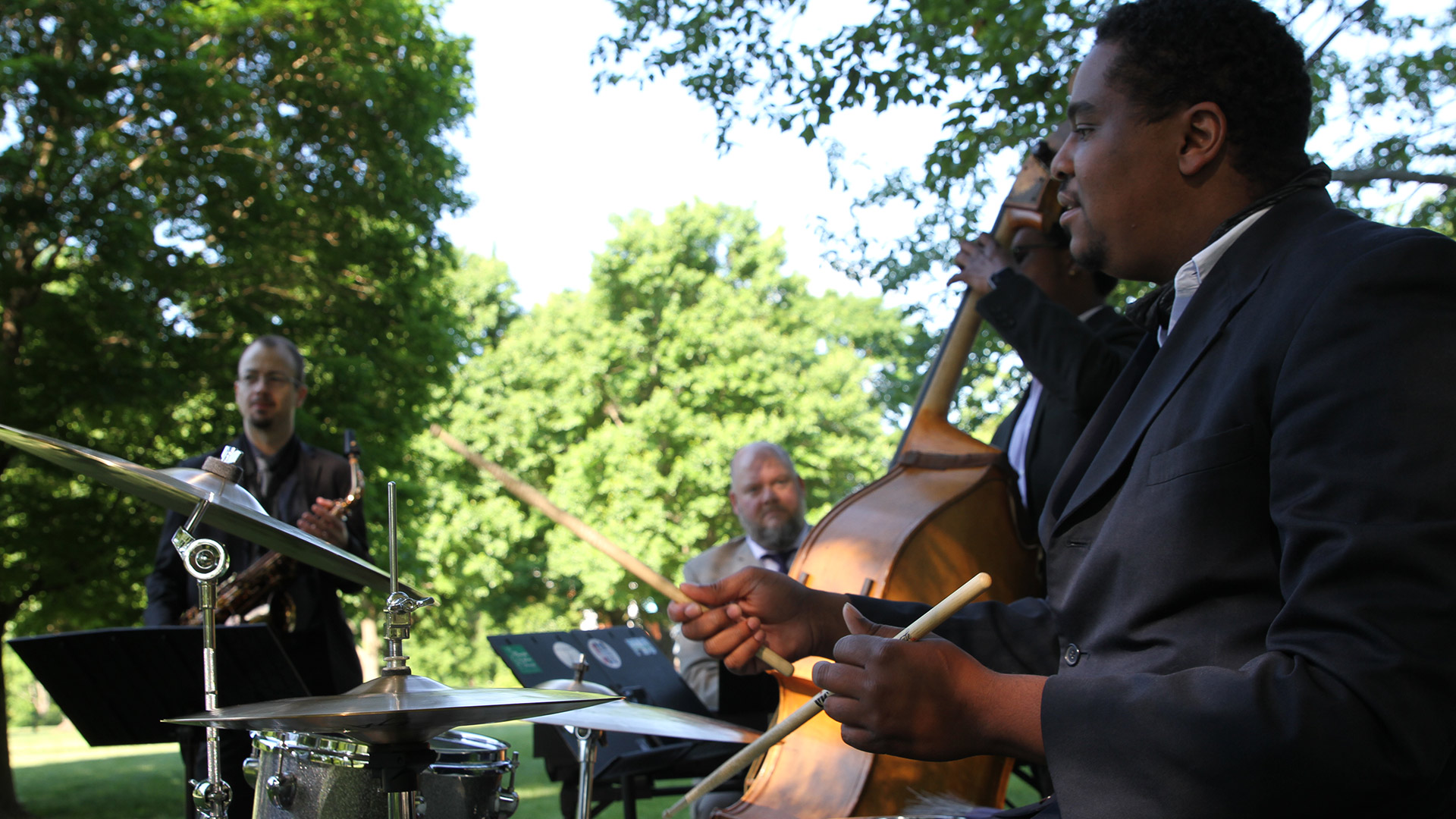 Student and faculty jazz ensembles provide music at Commencement 2021.