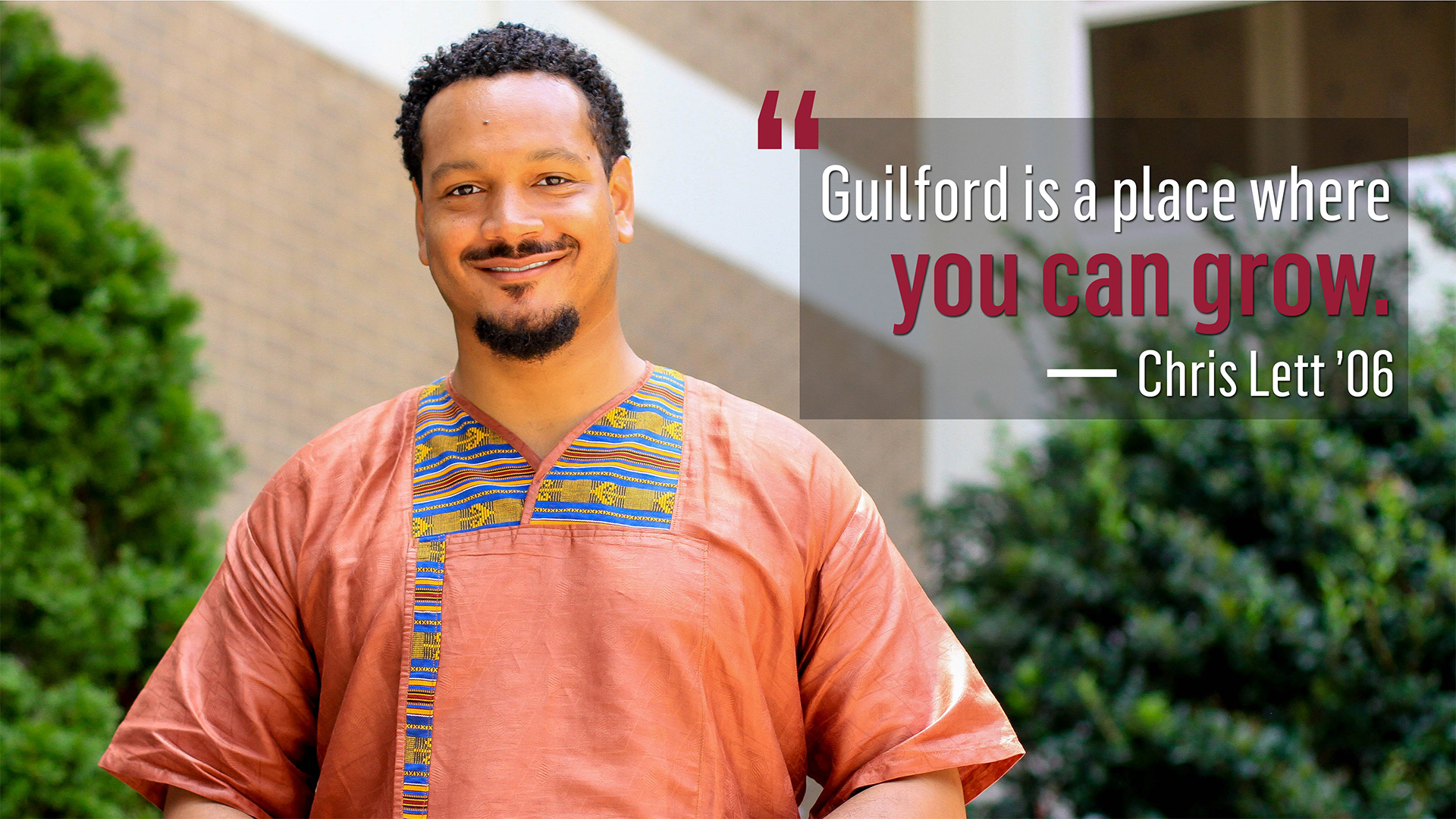 Guilford alumni Chris Lett in a photo with the quote, "Guilford is a place where you can grow."