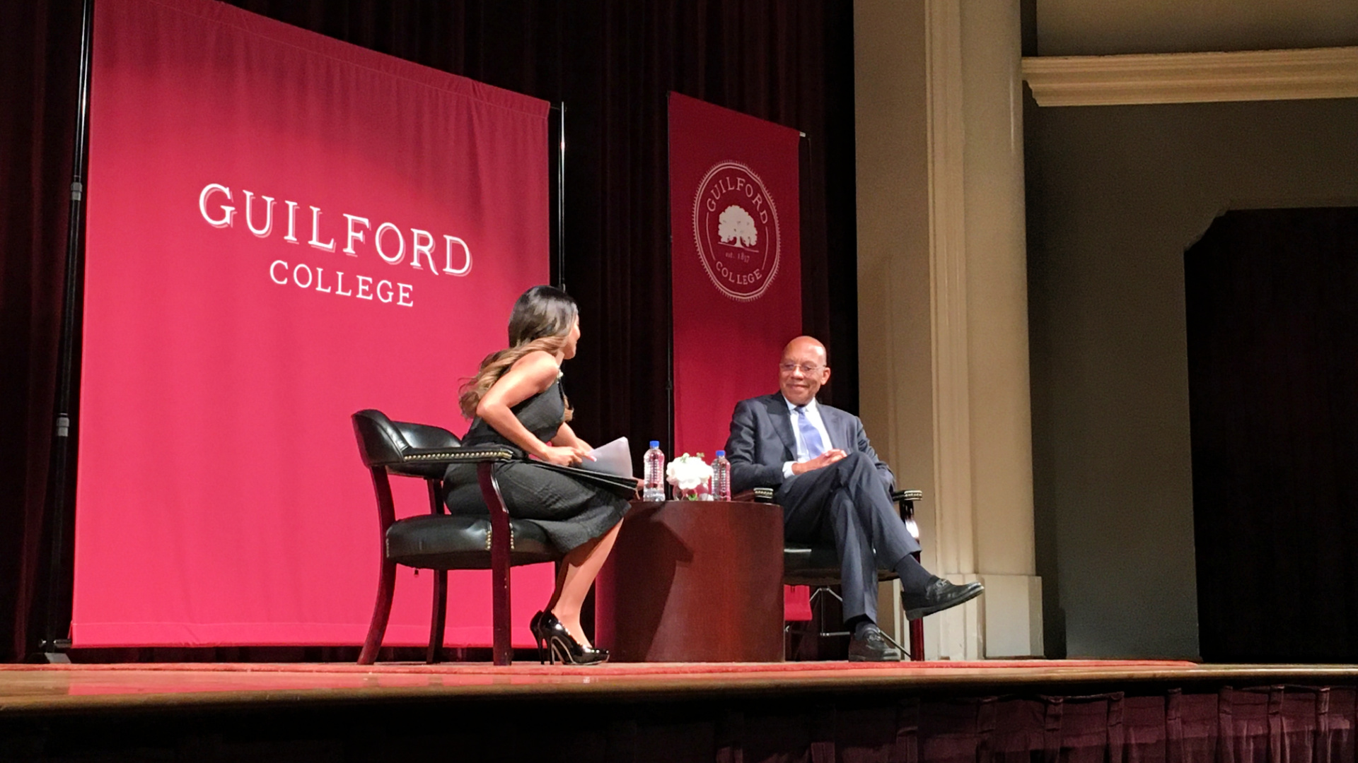 Carla Banks, left, interviews Washington Post Columnist Eugene Robinson during an evening event during the Guilford Dialogues, sponsored by the Guilford College Bryan Series.