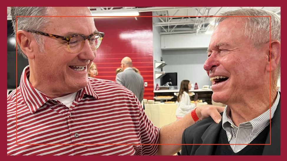 Ron Powers ’80 and his former coach Charles Forbes share memories during Saturday’s dedication ceremony of the Forbes Sports Center.