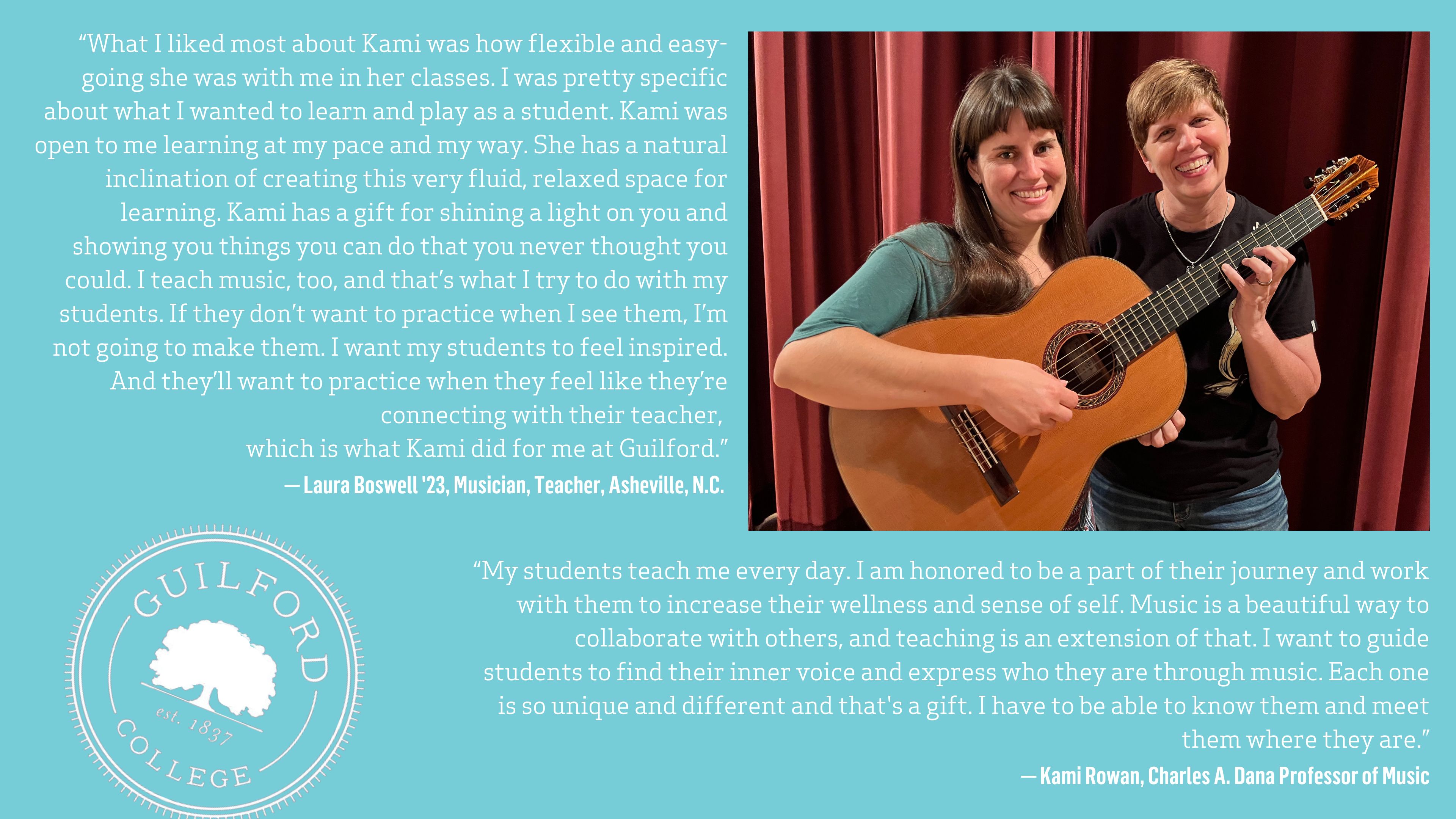 Laura Boswell holds a guitar while Kami Rowan stands beside her.