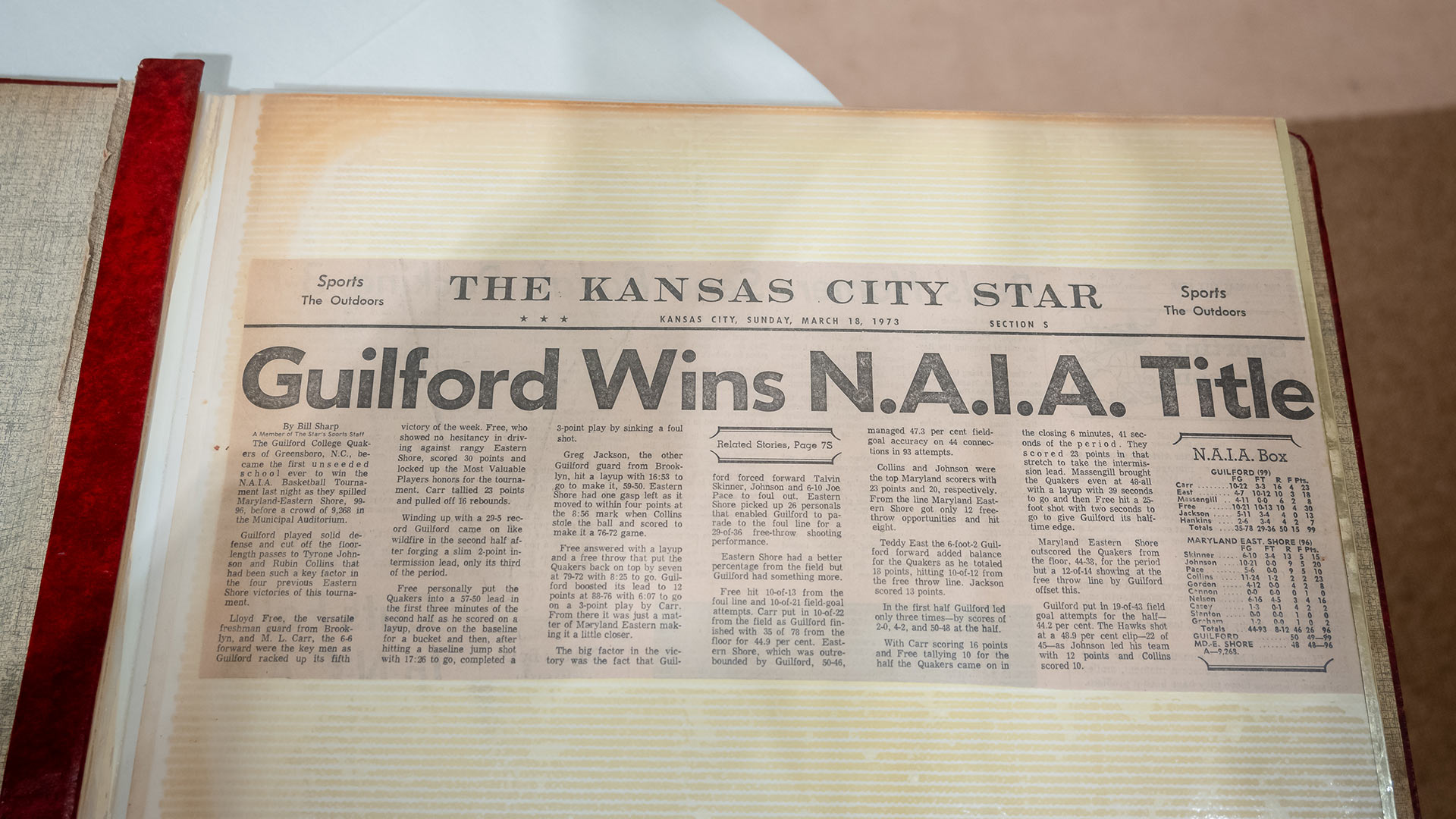 A scrapbook with the story about Guilford’s championship victory in the Kansas City Star newspaper.