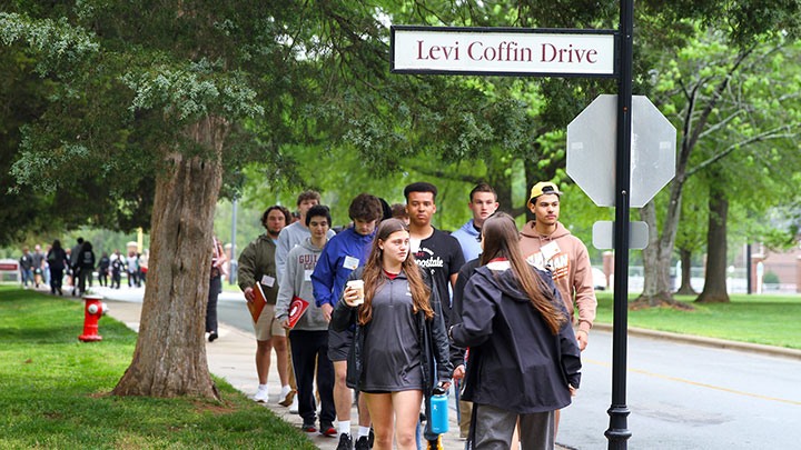 Students walking Guilford College campus