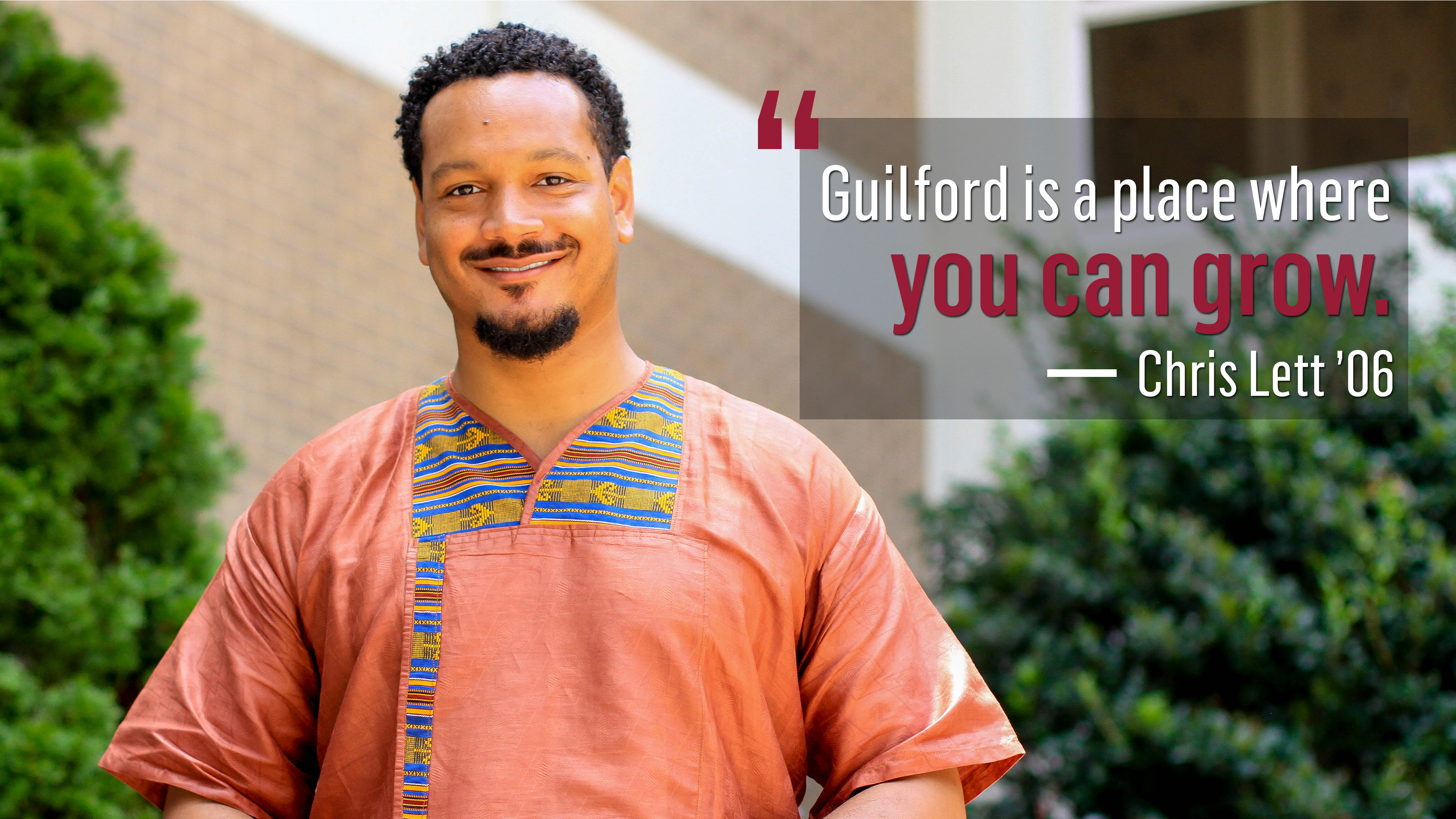 Guilford alumni Chris Lett in a photo with the quote, "Guilford is a place where you can grow."