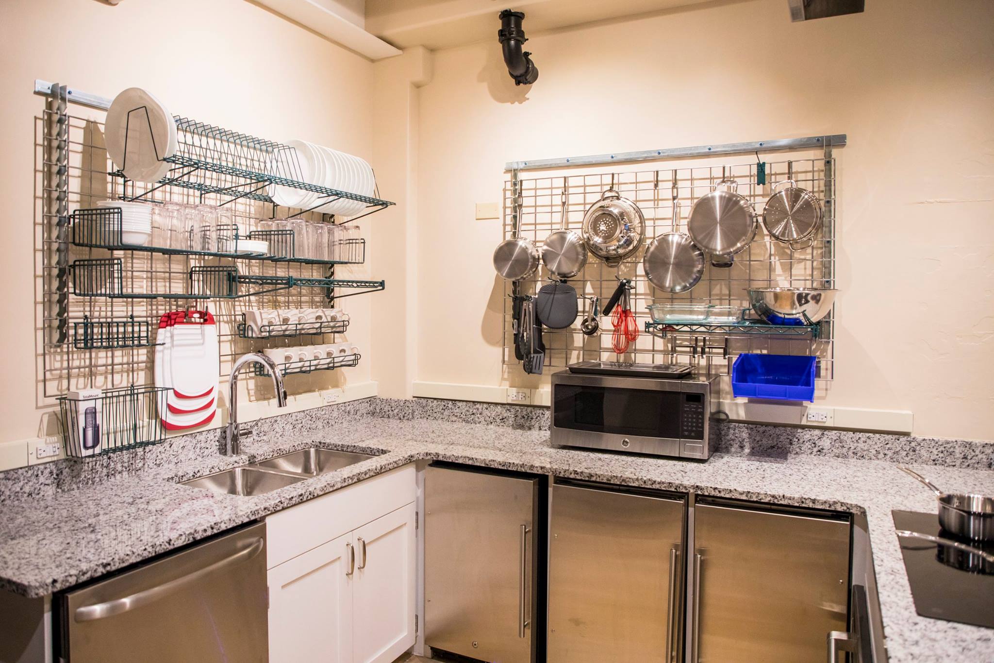 The new demonstration kitchen in Binford Hall comes fully stocked with pots and utensils for student use.