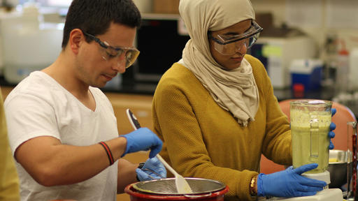 Guilford College students perform an experiment during a Chemistry lab.