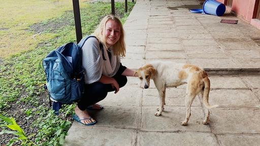 Student Anna Honer pets a dog in this photo.