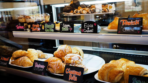 Fresh pastries fill the case at Rachel's, Guilford's on-campus coffee shop.