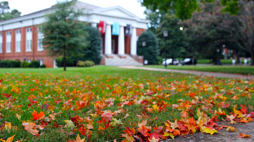 Leaves fall on the grass in the fall in front of New Garden Hall on the Guilford College campus.