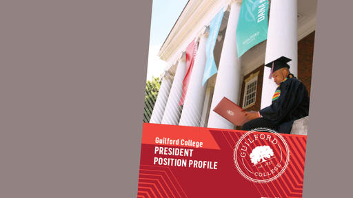 Image shows the cover of the presidential profile booklet, which features a student wearing a graduation robe sitting on the steps of Dana Auditorium.