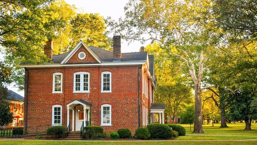 The sun sets behind trees filled with green leaves surrounding Archdale Hall.