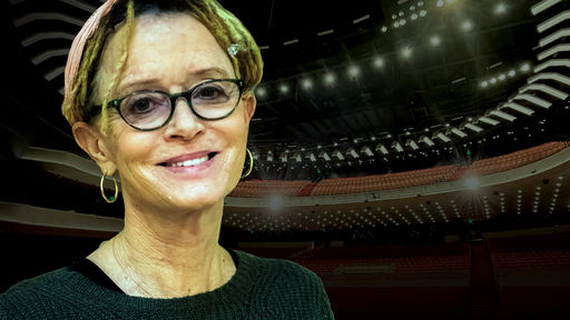 An image of Anne Lamott wearing glasses, hoop earrings, and a black top sits on top of a photo of the new Tanger Center auditorium.
