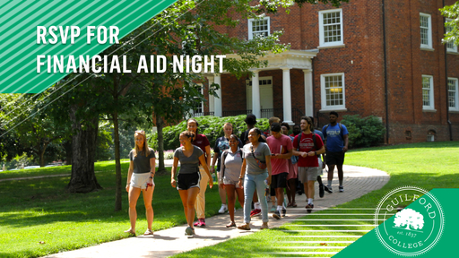 A group of students walk across campus. Text says, RSVPE for Financial Aid Night.