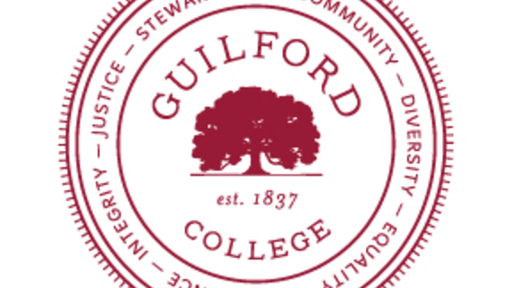 Image shows Guilford College emblem with red text that says Guilford College, established 1837.