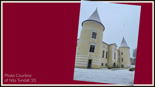 Photo of a yellow castle covered with snow by Nita Tyndall '20