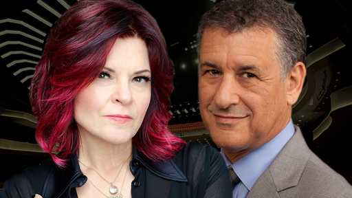 Headshots of Roseanne Cash wearing a black top and Daniel Levitin wearing a gray jacket and blue shirt