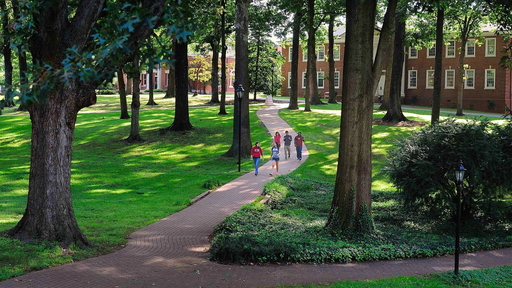Students walk down the brick sidewalk in front of King Hall on campus in summer.