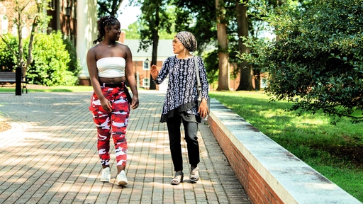 A student and a faculty member walk and chat on the Quad.