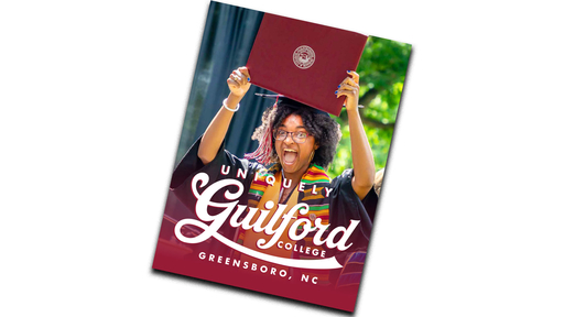 The Guilford College digital Viewbook 2025, depicting a young lady graduating, holding her diploma over her head.