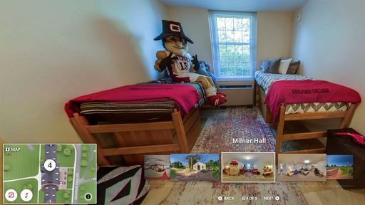 Guilford College Campus Tour preview - the Quaker man is relaxing in a dorm room, sitting on a bed