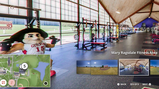 Guilford College Athletic Tour preview - the Quaker man is lifting weights in the Mary Ragsdale Fitness Area