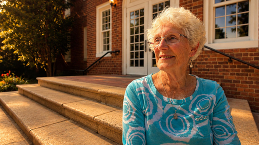 Smiling woman with white hair and glasses enjoys sunlight on Guilford College steps.