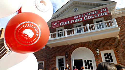 Balloons flank the entrance to Founders Hall on move-in day.