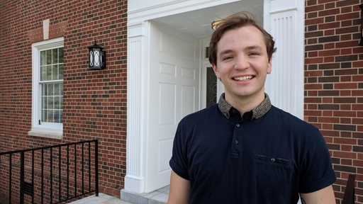 Guilford College student Jed Edwards, class of 2020, stands outside a residence hall on campus. 