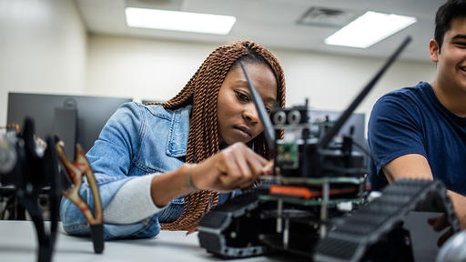 A student works on a robot in a CTIS class.