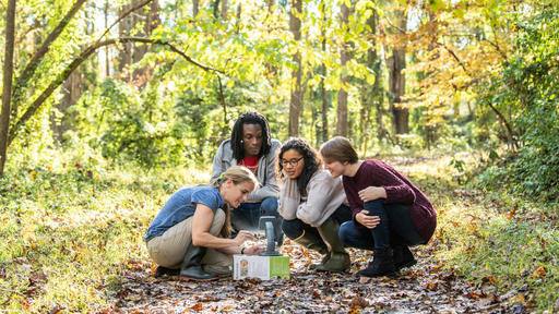 Professor Christine Stracey teaches students about the creatures found in the College Woods.