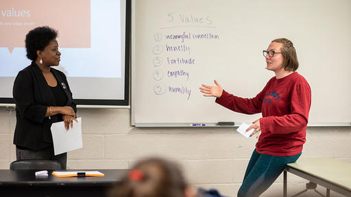 Students take part in a discussion during the Ethical Leadership Philosophy class.