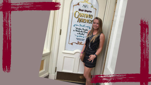 Shannon Petsch, Guilford College Student, stands outside the casting agency door at Disney.